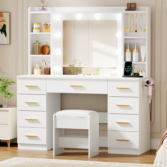 BEWISHOME Vanity Desk with 3 Color Lighted Mirror & Charging Station, 9 Drawers, 6 Storage Shelves & 5 Hooks Dressing Table, White