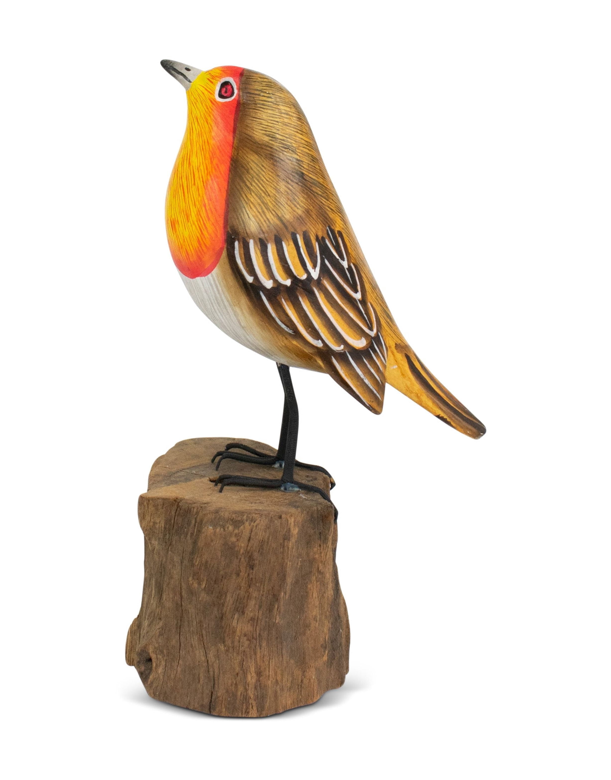Wood European Robin Figurine – Hand Carved Songbird Sculpture, Rustic Bird Decor on Driftwood Base