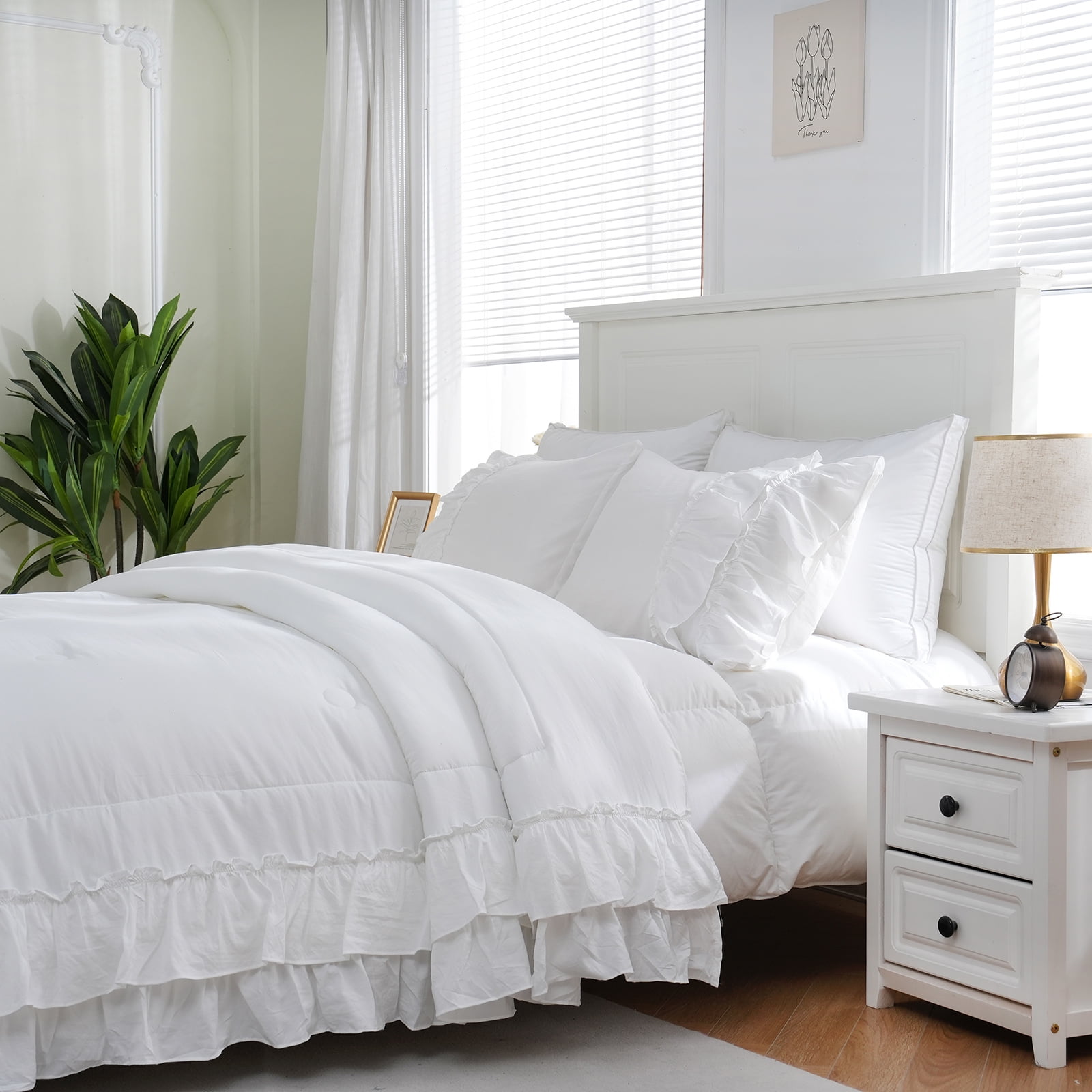 Move Over White Ruffle Comforter Set Queen Boho Bedding Sets 2 Layers White Long Ruffled Pattern Microfiber Filling Farmhouse Duvet