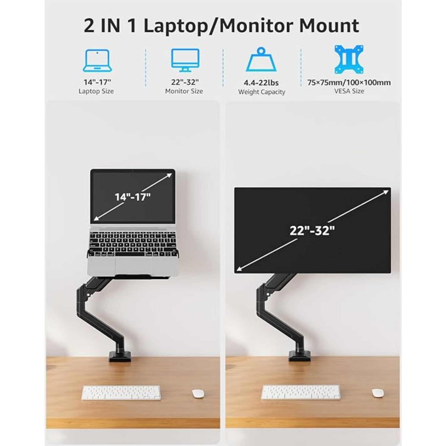 Laptop Stand for Desk, 2-in-1 Monitor Mount with Laptop Tray Holds 2.2-22lbs, Adjustable Laptops Arm Mount for Max 17" Notebook & 32" Monitor, Laptops Desk Arm with Clamp/Grommet