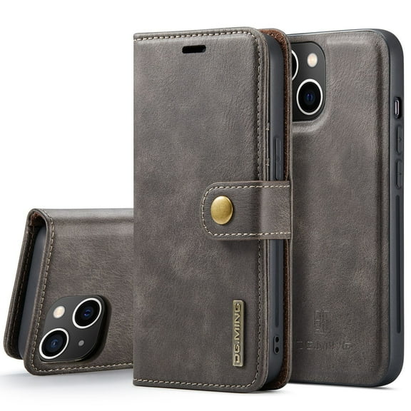 Casus Ming Removable Leather Wallet Phone Cover Card Holder Case for iPhone 14 Plus - Gray
