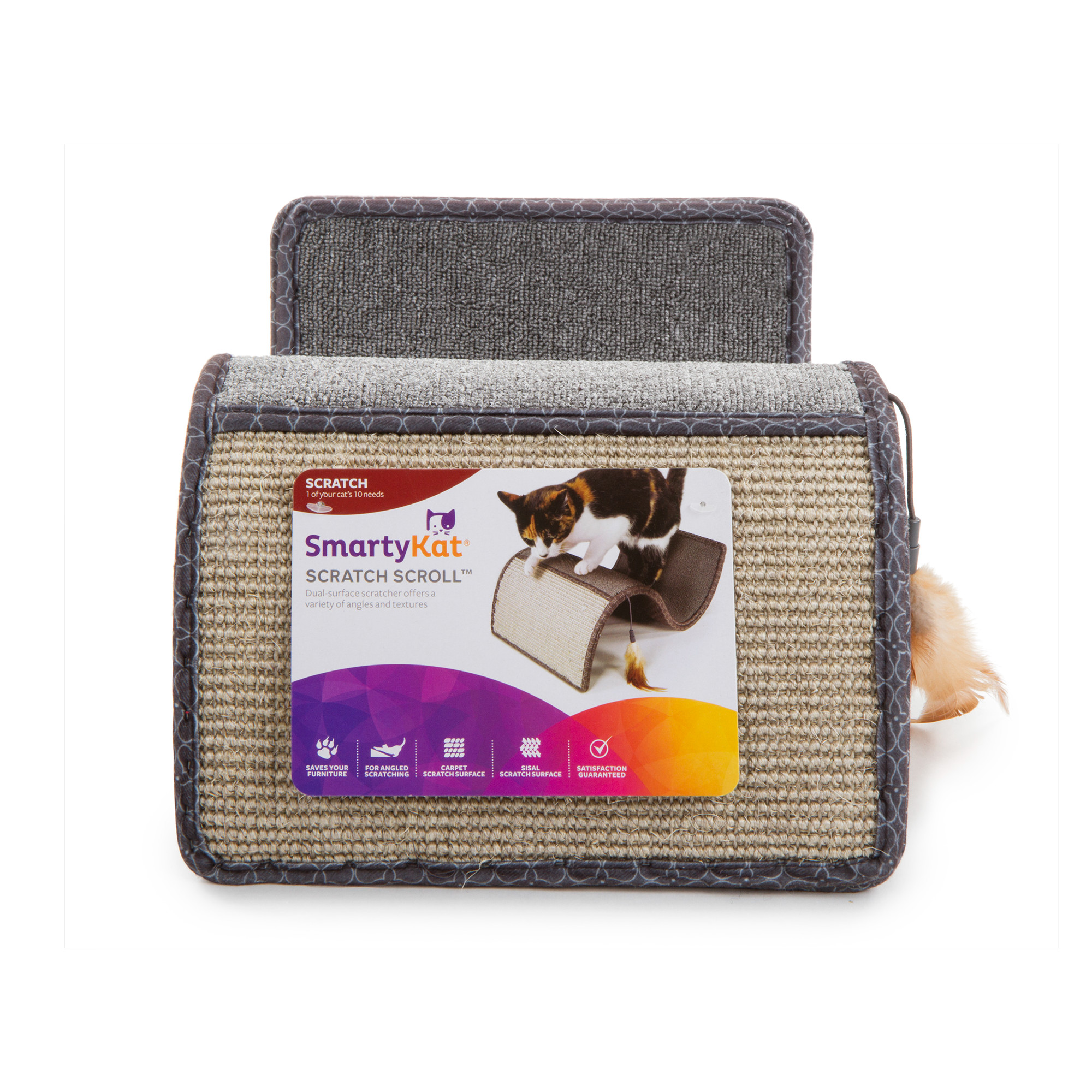 SmartyKat Scratch Scroll Sisal & Carpet Curled Cat Scratcher for Indoor Cats & Kittens, Features Feather Toy for Play, Looped Carpet Material, Gray