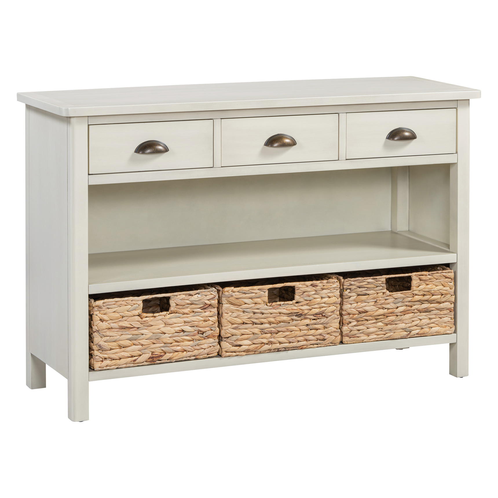 47" Retro Console Table with 3 Storage Drawers, Entryway Table with 3 Water Hyacinth Woven Baskets and Shelf, Wooden Buffet Cabinet for Entryway Hallway Living Room, Antique White