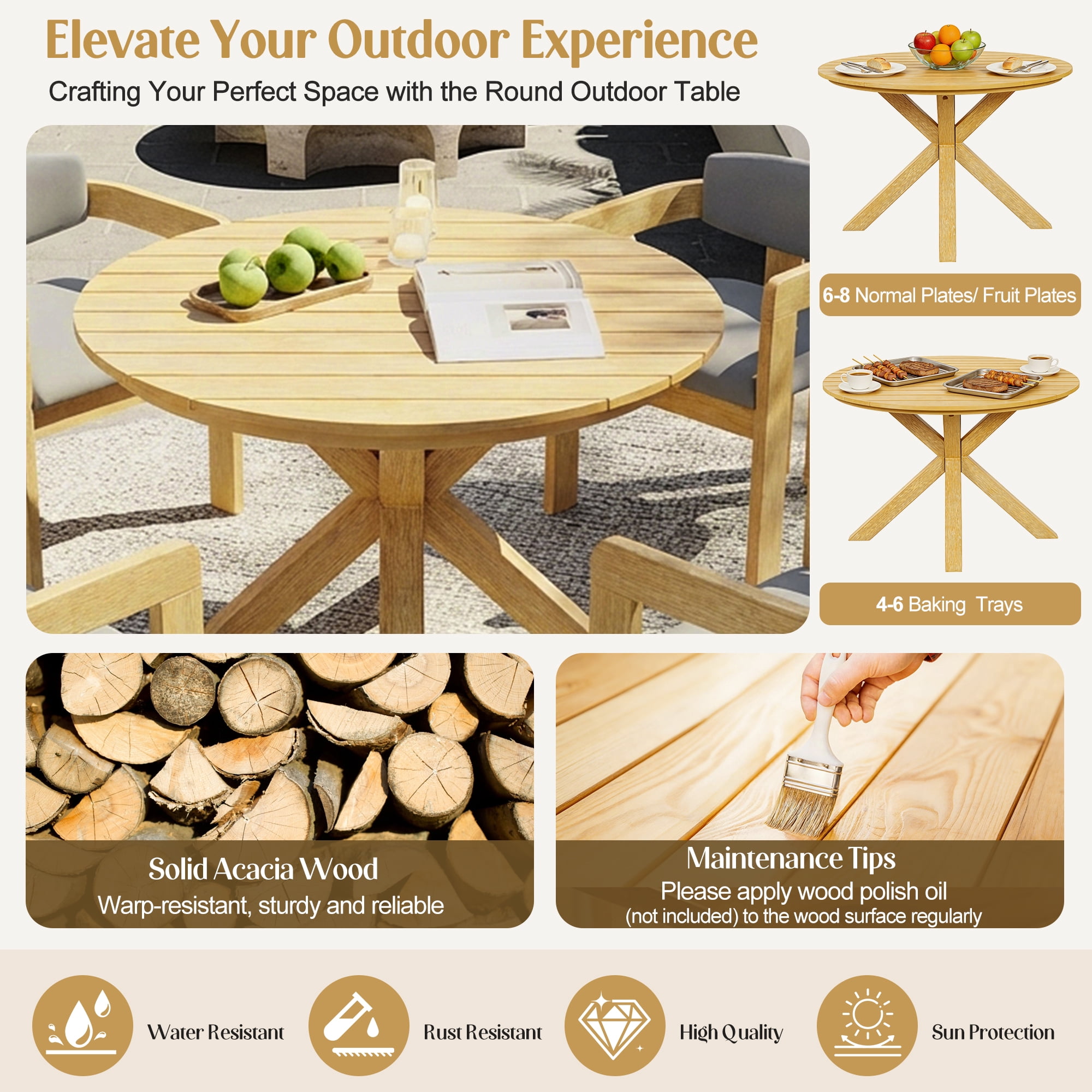 Mintazer 5 Piece Outdoor Dining Set, Patio Dining Set with Round Table & 4 Barrel Chairs, Modern Garden Conversation Set with Cushions for Patio Garden Balcony Backyard, Natural & Gray