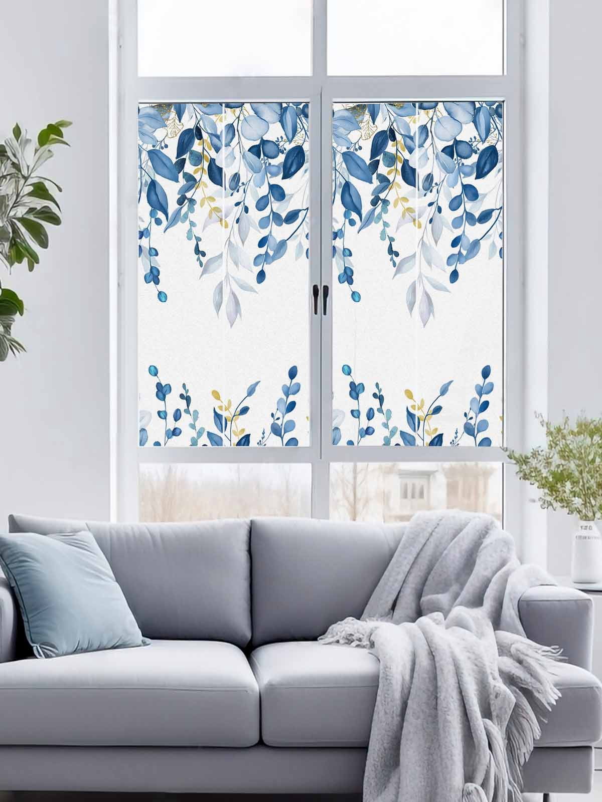 Reusable Frosted Window Coverings, Blue Eucalyptus Leaves Window Privacy Film Frosted, Farmhouse Botanical Watercolor Sun Blocking Windows Stickers for Kitchen Front Door, 23.6 x 59 Inches