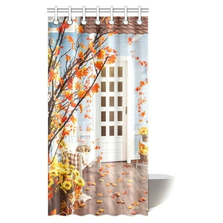 MYPOP Farm House Decor Shower Curtain, Maple Tree with Orange Leaves on the Yard of Cozy Blue Wooden House Art Fabric Bathroom Shower Curtain Set with Hooks, 36 X 72 Inches