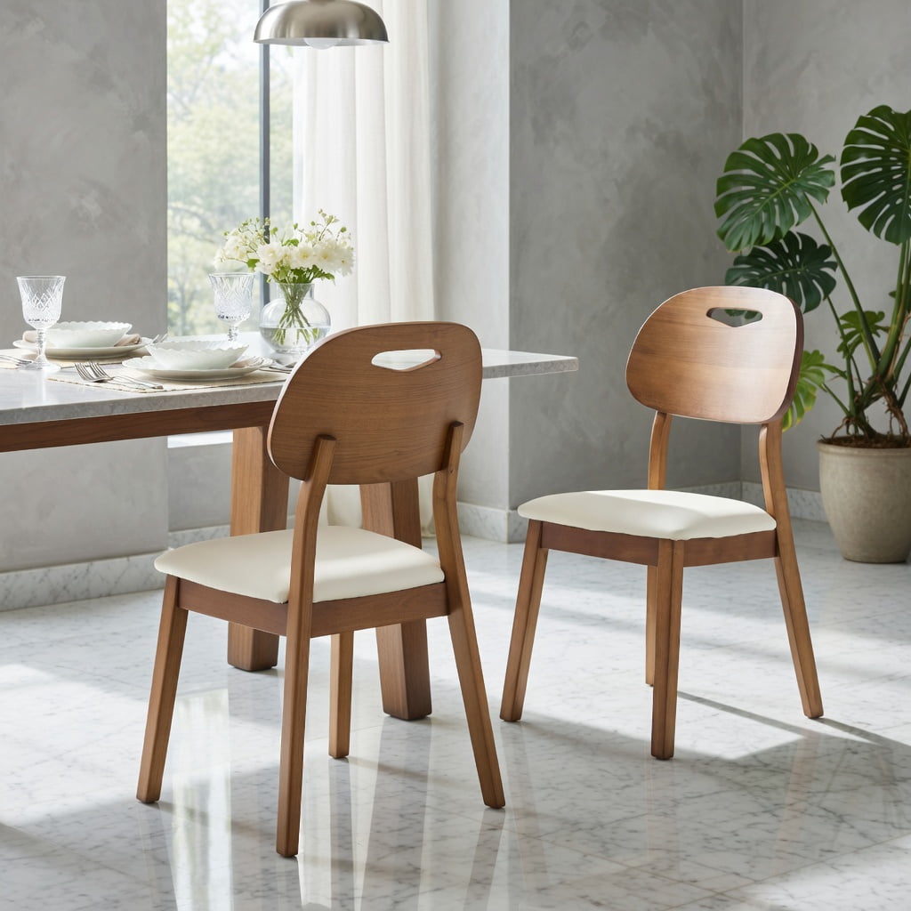 Hommoo 2-Pack Solid Wood Dining Chairs with PU Cushions, Ergonomic Hollow-Back Design for Dining Room, Home Office & Cafe, Beige & Walnut