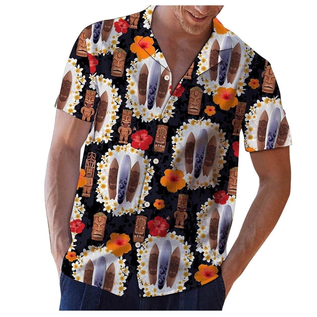 Camisas Vaqueras Para Hombre Manga Larga Top de primavera y verano para hombre, camiseta con estampado de Hawaii, cuello vuelto, camiseta informal holgada de manga corta con botones (Black, 3XL)