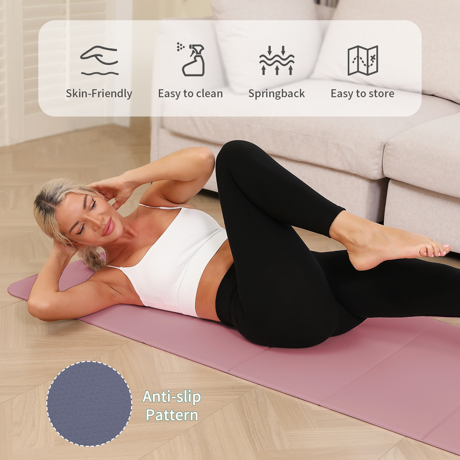 Frach Foldable Yoga Mat Pilates Exercise MatEco TPE 0.4 Inch Thick for Workouts Travel and Home,Quick Fold Stable Grip 75"x26"(Pink+Silver)