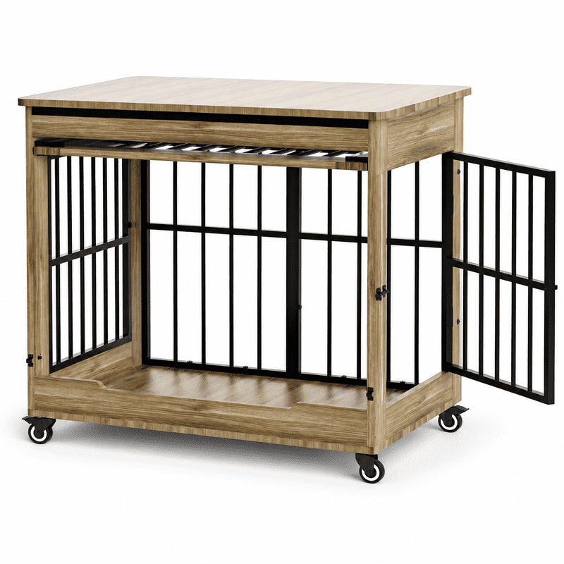 42" Large Dog Crate Furniture, Wooden Indoor Dog Kennel with Double Doors, Removable Privacy Curtain & Lockable Wheels, Decorative Pet Cage End Table for Large Breed Dogs