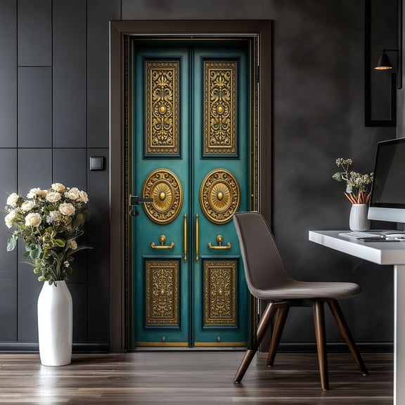 Door Stickers Peel and Stick Door Mural Elegant Vintage Green Doors Gold Industrial Rustic Removable Wallpaper 30.3''x78.7'' Self-Adhesive Mural for Kitchen Living Room Bedroom Decor