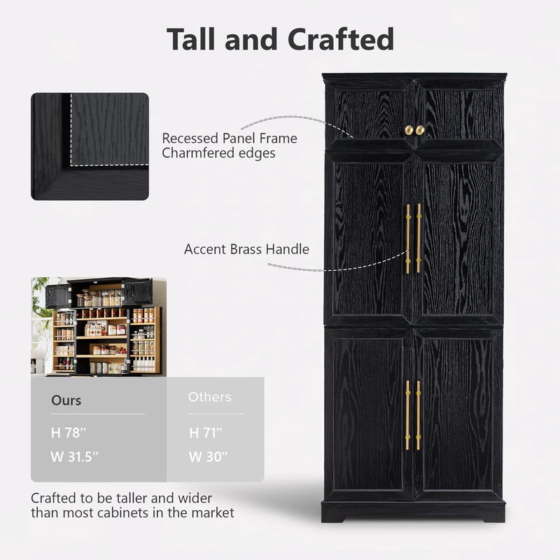 Farmhouse Kitchen Pantry Cabinet with 8 Door Shelves, 72''H Tall Kitchen Storage Cabinet with 4 Adjustable Shelves & Hidden Drawer, Versatile Cupboard with Wine Rack