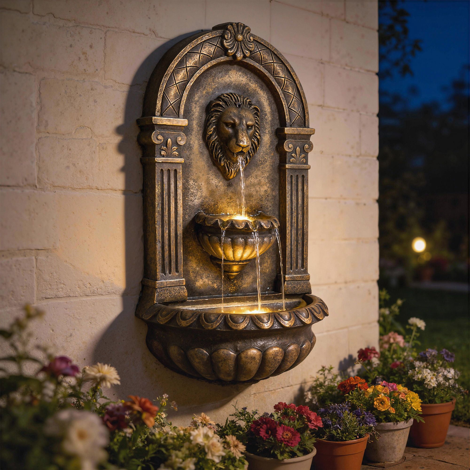 Dranite 31" Wall-Mounted Outdoor Fountain, 3-Tier Cascading Waterfall with LED Lights & Adjustable Flow
