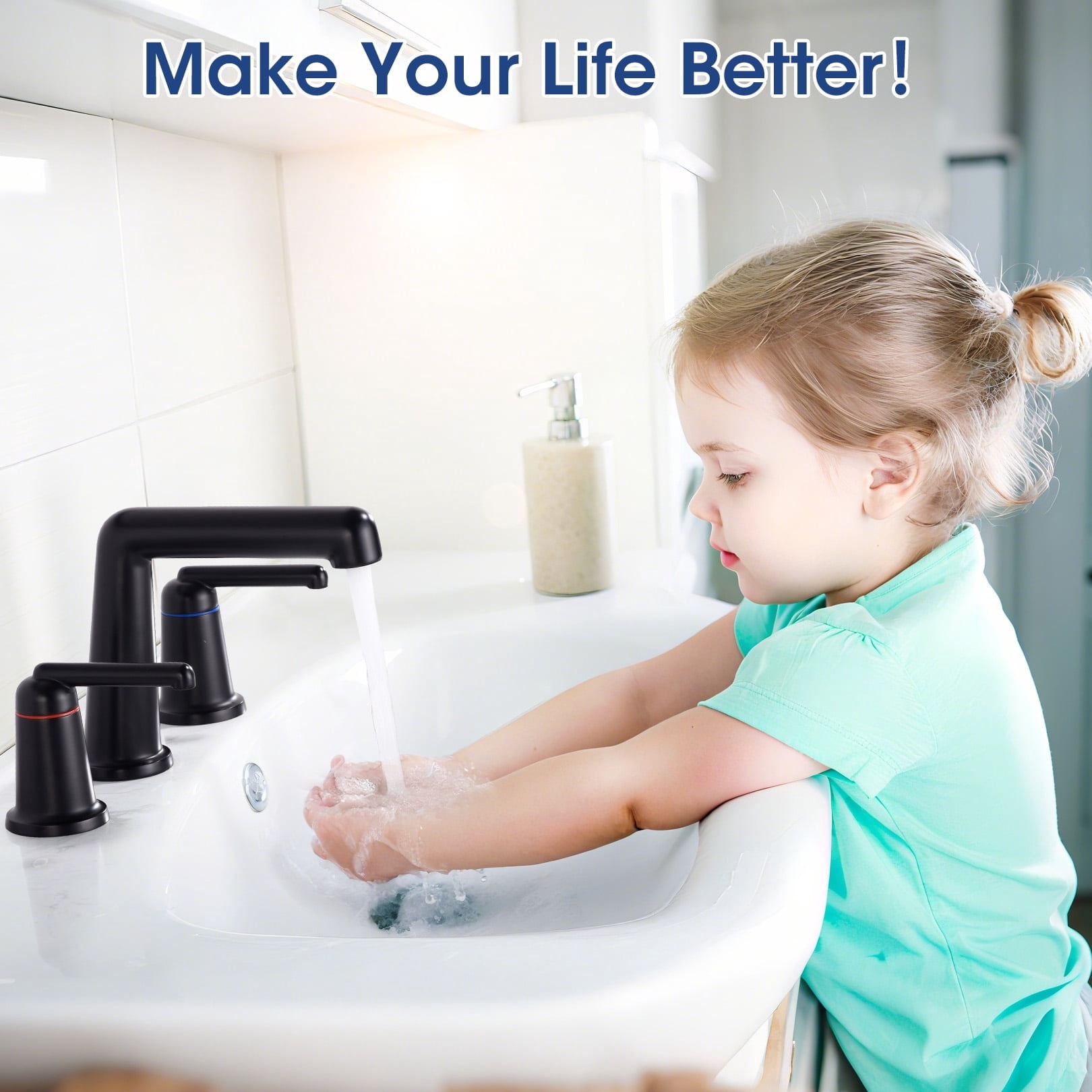 Wowkk 3 Hole Bathroom Faucet 2 Handle Widespread Bathroom Sink Faucet with Pop up Drain and Supply Lines, Brass Vanity Faucet for Rv Farmhouse Lavatory Restroom Sink, Matte Black