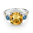 thumbnail image 2 of Gem Stone King 925 Silver and 10K Yellow Gold Yellow Citrine and Persian Blue Moissanite 3 Stone Ring for Women (4.06 Cttw, Gemstone November Birthstone, Cushion 10MM, Round 4MM, Size 7), 2 of 3