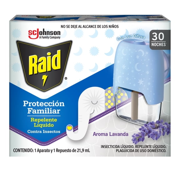 Insecticida Líquido Raid Protección Familiar Contra Insectos Aparato y Repuesto de 21.9 ml