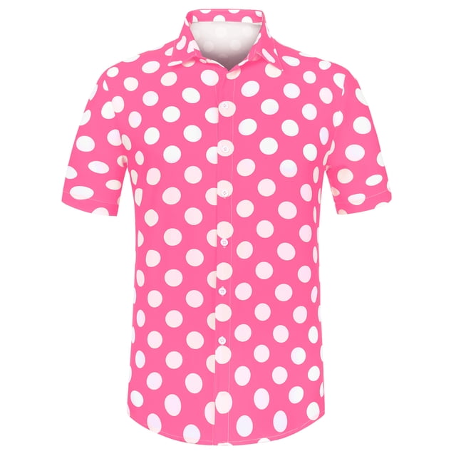 INSPIRE CHIC Camisa de lunares de verano para hombre, camisas hawaianas con patrón de manga corta y botones Rosa XL