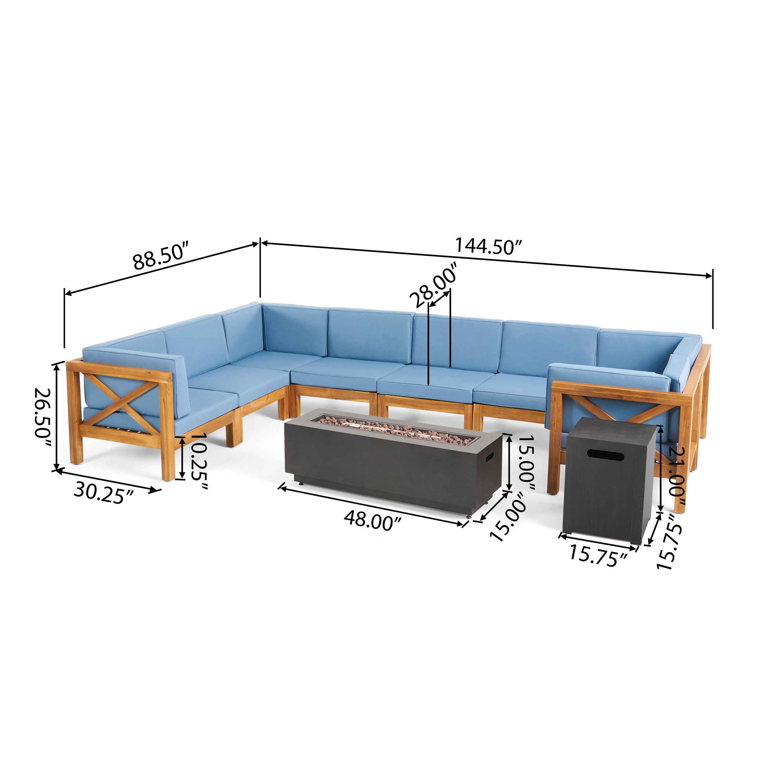 Kobe Outdoor 10 Piece Acacia Wood Sectional Sofa Set with Cushions and Fire Pit, Teak, Blue, Dark Gray