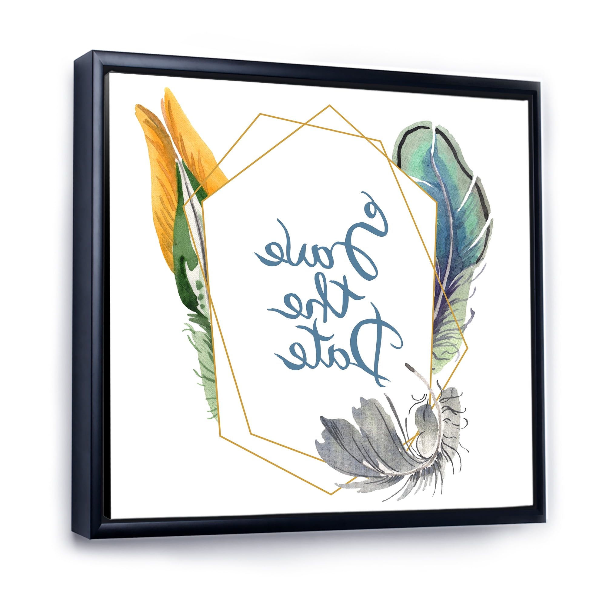 Designart 'Save The Date Bird Blue Feather' Bohemian & Eclectic Framed Canvas Wall Art Print