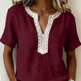 thumbnail image 7 of ClodeEU Women's Linen Blend V Neck Short Sleeve Top with Lace Trim ,Solid Color Casual Blouse Wine,Womens Plus L, 7 of 7