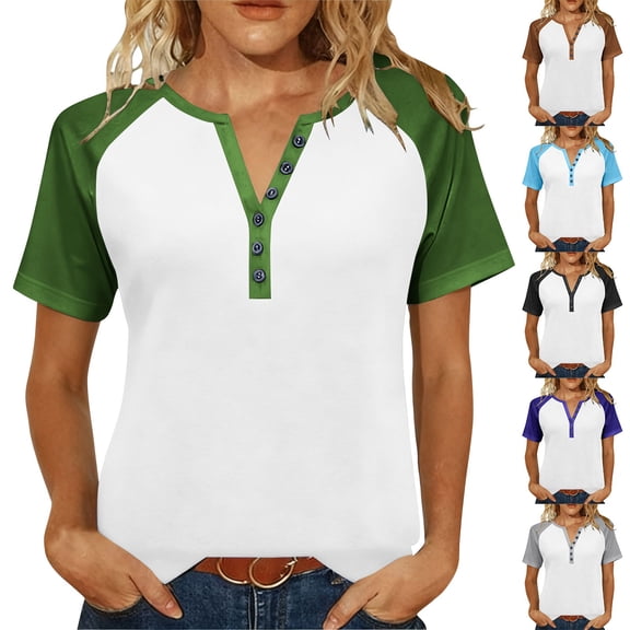 UVEASISHA summer casual henley neck tops for women color block short sleeve blouses loose fit comfort t-shirts Lightweight going out tee Navy M