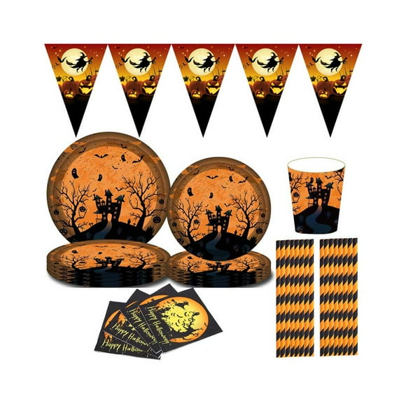Bearachild 69 unidades/juego de vajilla de Halloween, portátil, de moda, para adultos, niños, festivales, fiestas, taza decorativa, plato, decoración de Kits de decoración para fiestas Bearachild HA070457-01