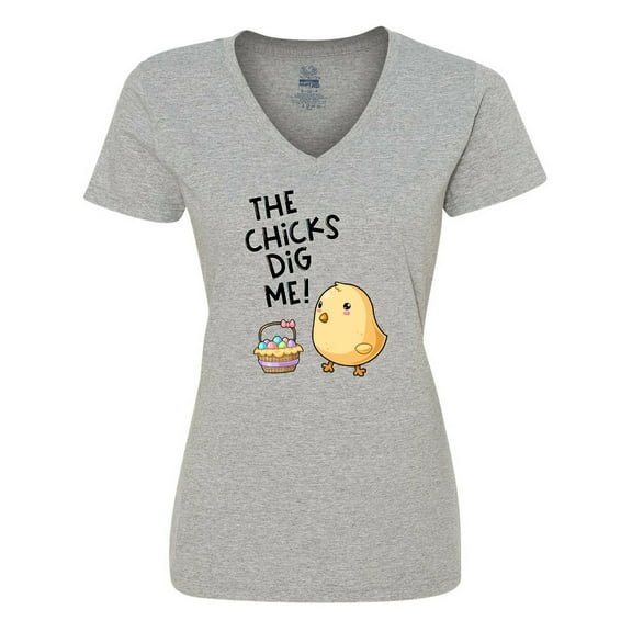 Inktastic The Chicks Dig Me Easter Baby Chick with Basket and Eggs Women's V-Neck T-Shirt