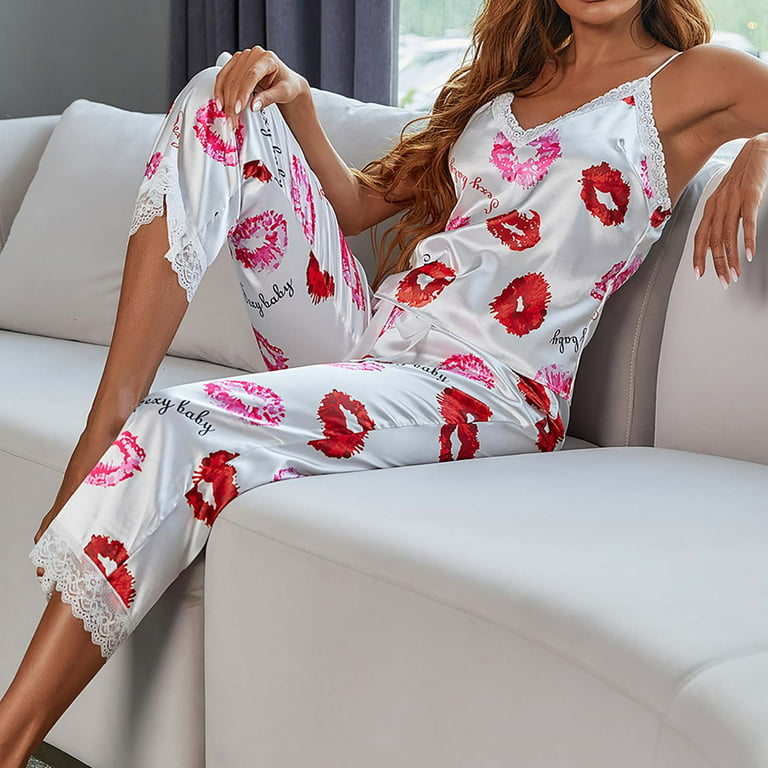 Xysaqa Womens Silk Imitation Satin Pajama Set Two Piece Pjs Sets Soft Cami  Top and Capris Pants Sleepwear Funny Lips Graphic Cute Printed Loungewear