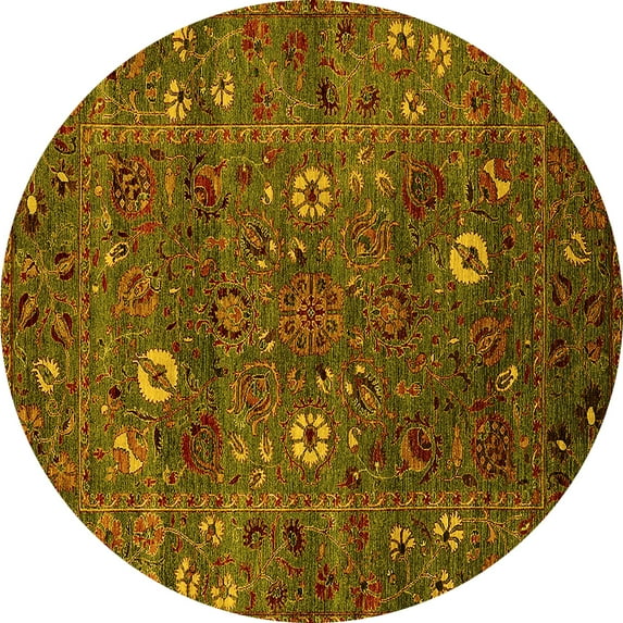 Ahgly Company Machine Washable Indoor Round Oriental Yellow Traditional Area Rugs, 4' Round