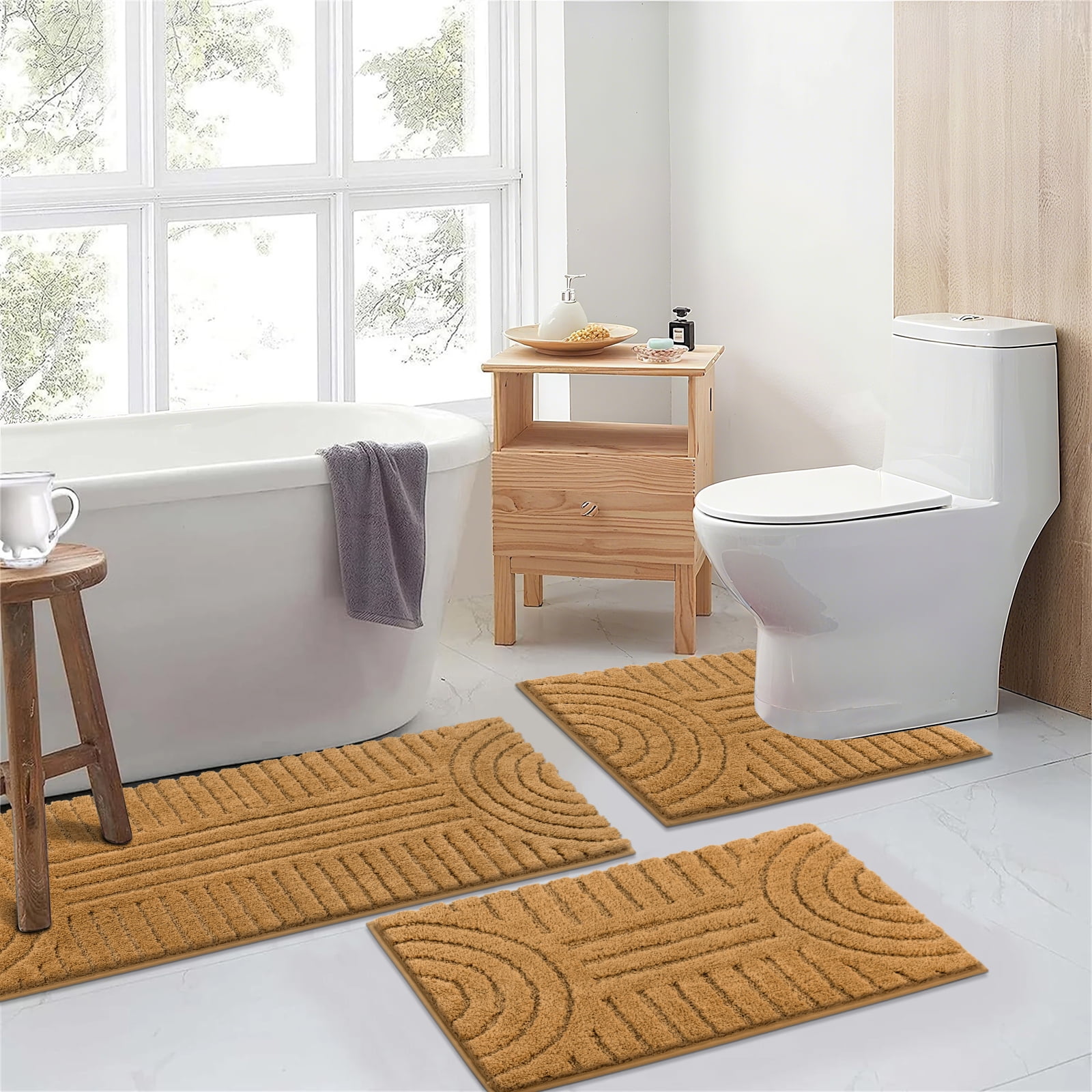 Bathroom Rugs Sets 3 Piece, Soft Absorbent Microfiber Bath Mats and U-Shaped Contour Toilet Rug, Plush Shaggy Bath Mat Set for Bathroom