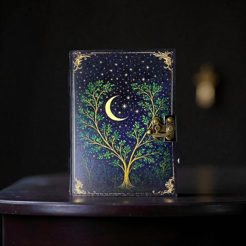 Handmade Leather Moon & Tree Journal, 5x7” Vintage Notebook with 200 Handmade Pages & Antique Clasp – Celestial Writing Diary