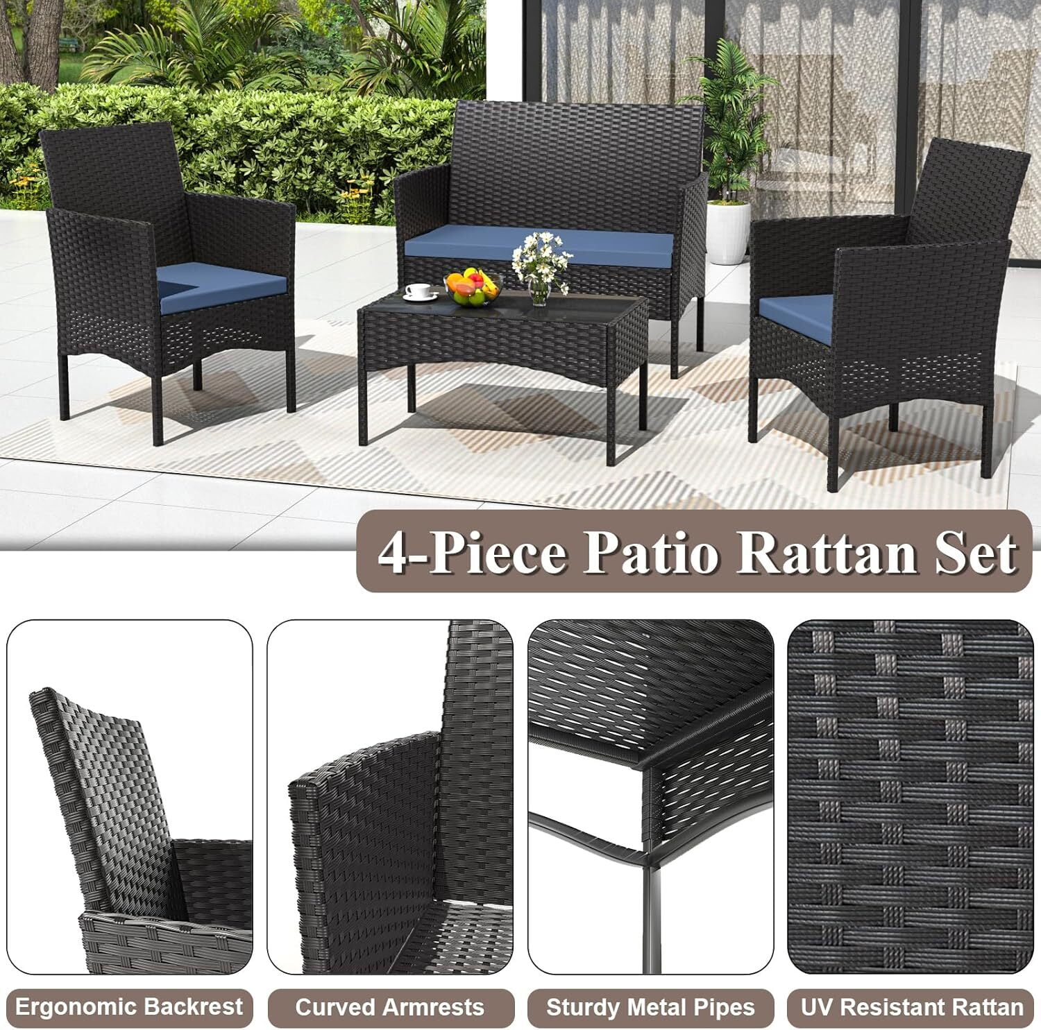 ASJMR 4 Pieces Outdoor Patio Furniture Sets Wicker Rattan Conversation Chair Set with with Cushions & Tempered Glass Table for Patio Pool Backyard,Navy