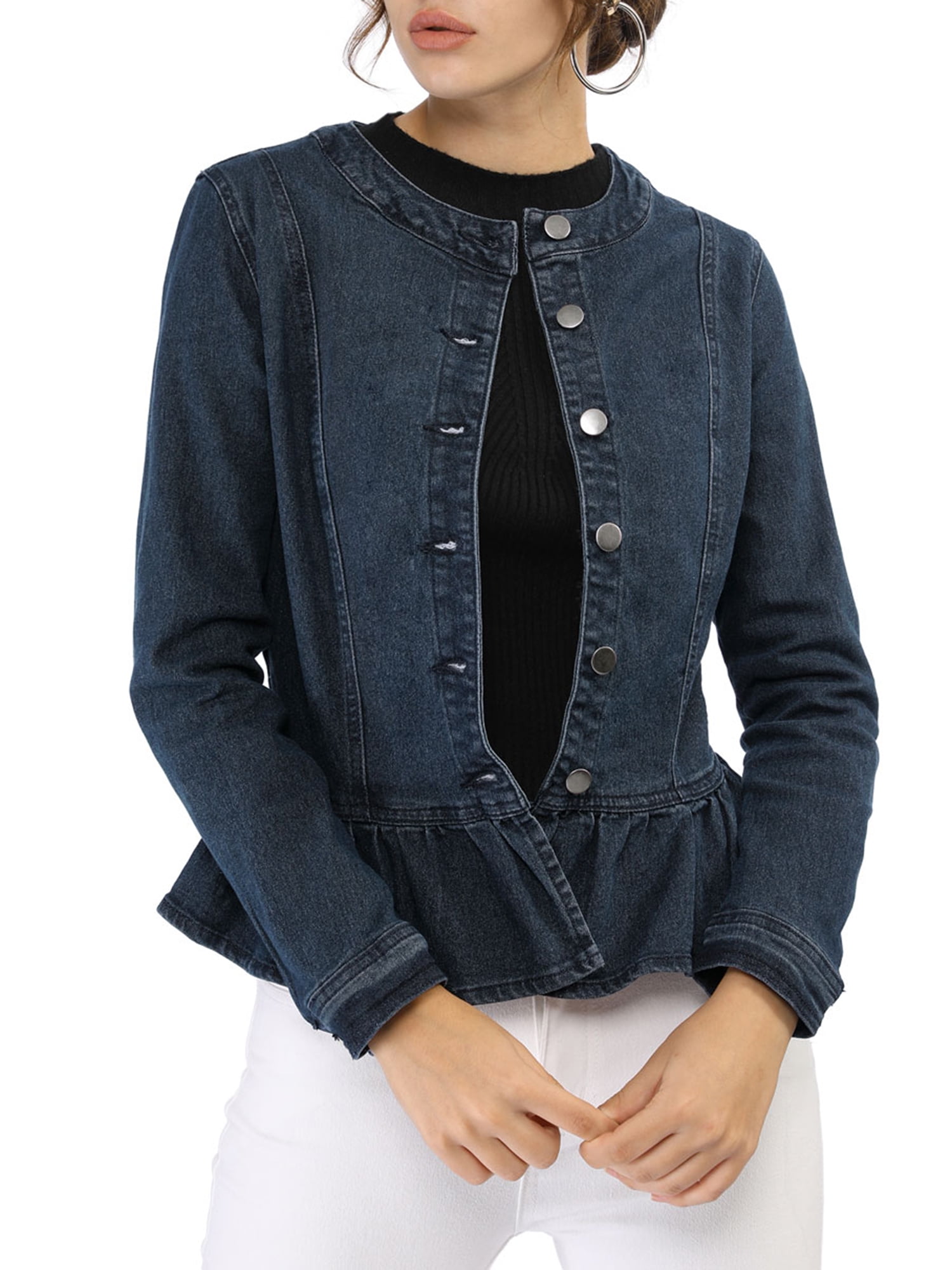 Allegra K Allegra K Women's Collarless Round Neck Button Up Peplum Denim Jackets