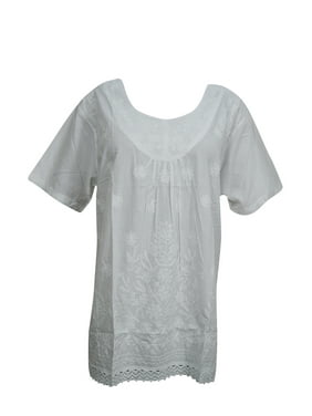 Mogul Women's Blouse Tunic Ethnic White Embroidered Short Sleeves Kurti Shirt Top L