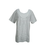 Mogul Women's Blouse Tunic Ethnic White Embroidered Short Sleeves Kurti Shirt Top XL
