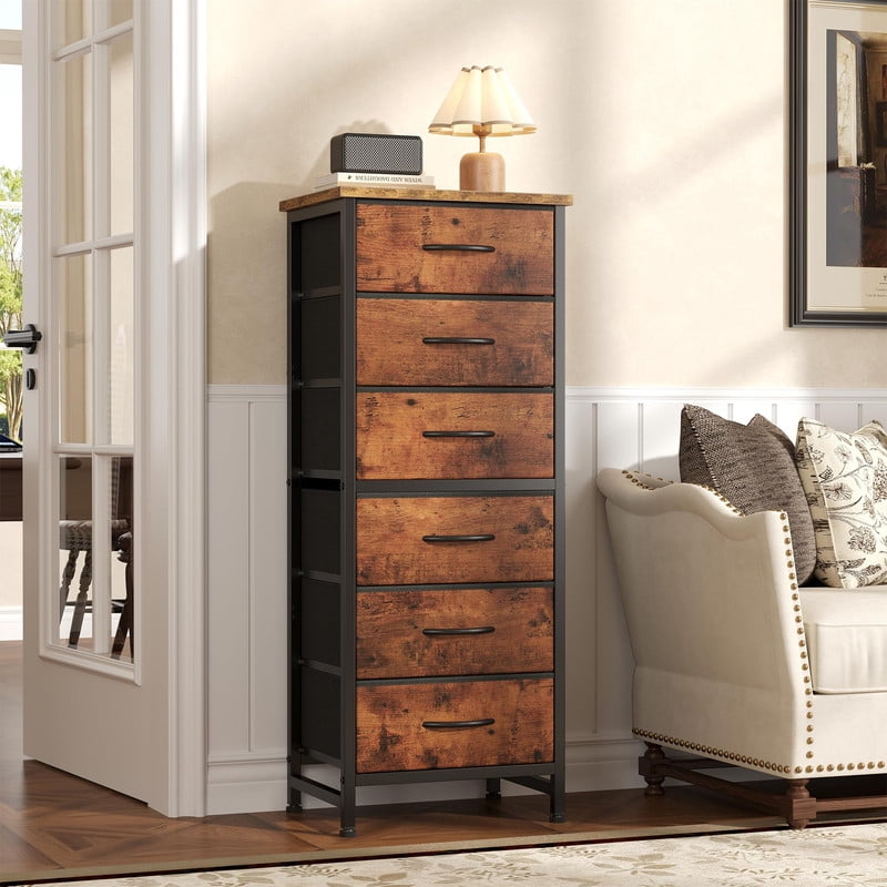 Kelno 6 Drawer Fabric Dresser Steel Frame Storage Chest Organizer with Wood Top, Rustic Brown