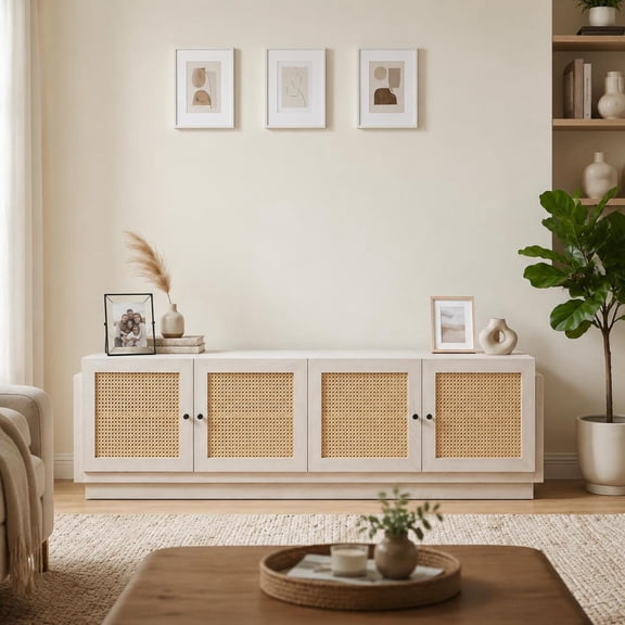 White Farmhouse Tv Stand for 65" 70" 75" Tvs, 4 Door Cabinet, Adjustable Shelves