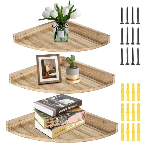 3 Pcs/Set Floating Corner Shelves for Wall, Rustic Brown Wood Wall Mounted Corner Shelf for Bathroom, Corner Storage Shelves Corner Organizer for Bedroom Kitchen
