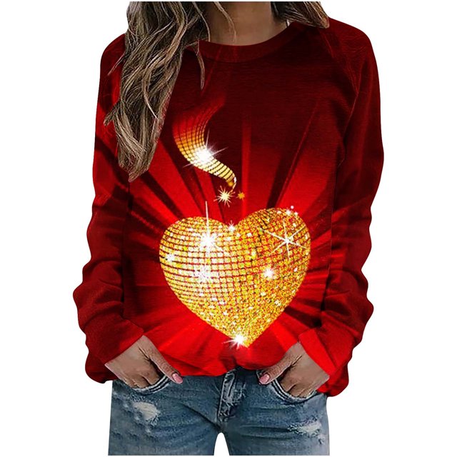 VALMASS Chandails en Molleton de la Saint-Valentin pour Femmes Manches Longues Imprimé Cœur Hauts Décontractés Col Rond Blouses d'Extérieur (2TG, Rouge)