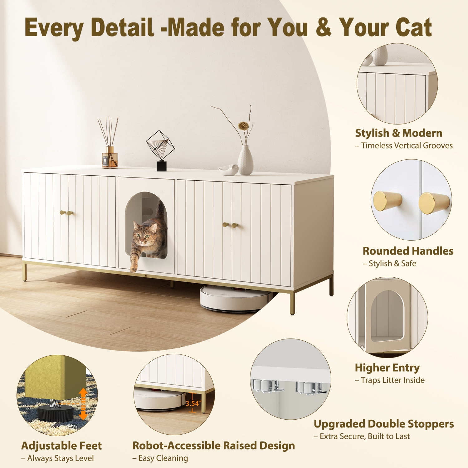 Cat Litter Box Enclosure for 2 Cats, Litter Box Furniture with Double Room, Central Entry, and Dual Use as TV Stand for Living Room, White (Elevated Version)