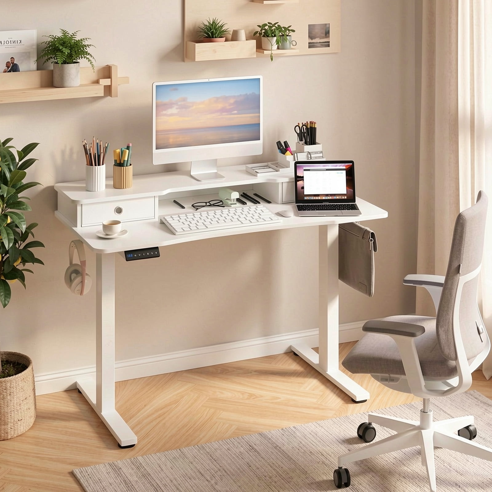Furnibear 48 x 24 Inch Electric Height Adjustable Standing Desk with 2 Fabric Drawers Monitor Stand Memory Settings White