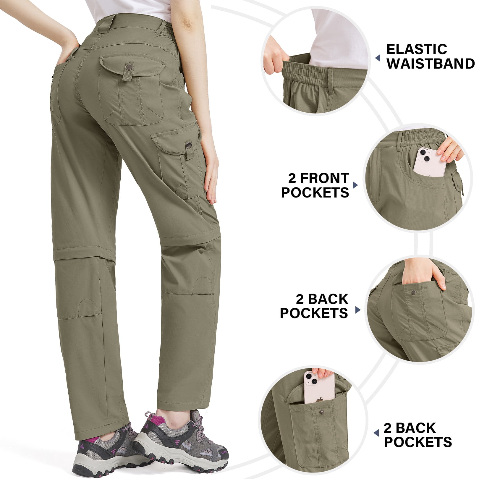POENTAB Women's Hiking Pants Convertible Quick Dry Stretch Lightweight Zip-Off Outdoor Pants with 6 Deep Pockets Green