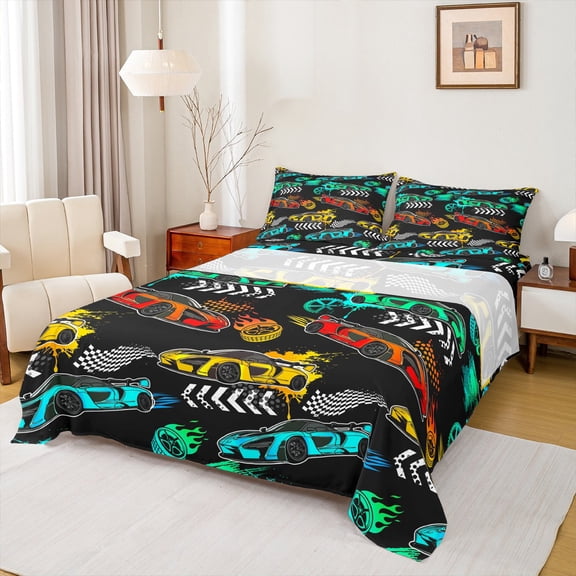Homewish Racing Car Boys Twin Sheet Sets, Watercolor Splatter Stripes Twin Fitted Sheet, Extreme Sports Theme Flat Sheet, Breathable Home Decor, 3pcs