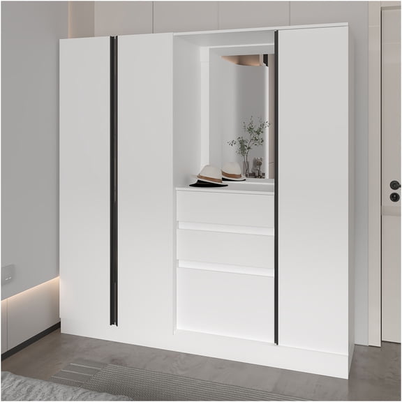 JERFIT White Freestanding Wardrobe with Full-Length Mirror, Hanging Rod, Drawers & Shelves for Bedroom