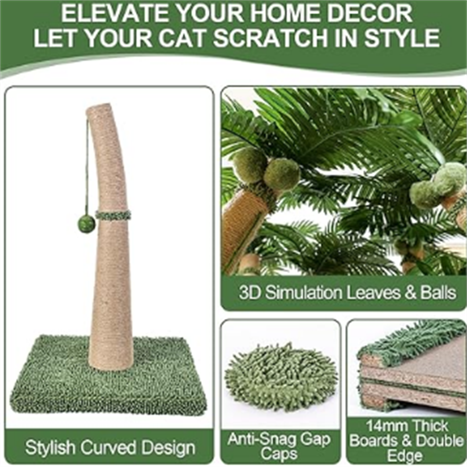40'' Tall Cat Scratching Post Cat Tree, Curved Design Cat Scratcher Post with 3 Interactive Balls, Natural Sisal Rope Cat Scratching Posts for Indoor Cats Adults Kittens, Multi-Combinable (Style A)