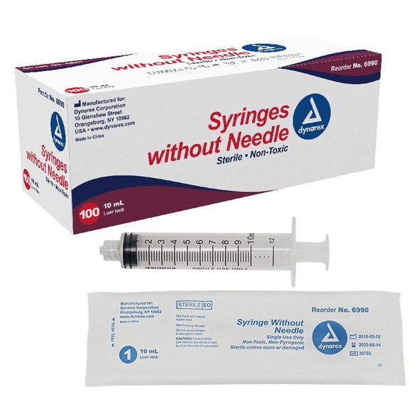 10mL Dynarex Sterile Syringes - Luer Lock - No Needle - Box of 100 - Dynarex Brand