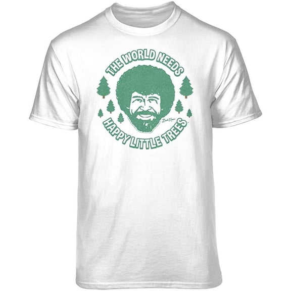 Teelocity Bob Ross The World Needs Happy Little Trees Graphic T-Shirt (Medium - Standard Fit, White)