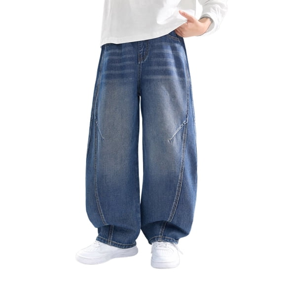 CONZONE Boys Baggy Jeans Wide Leg Casual Jeans for Child Y2K Elastic Waist Fall Streetwear Denim Pants with Pockets