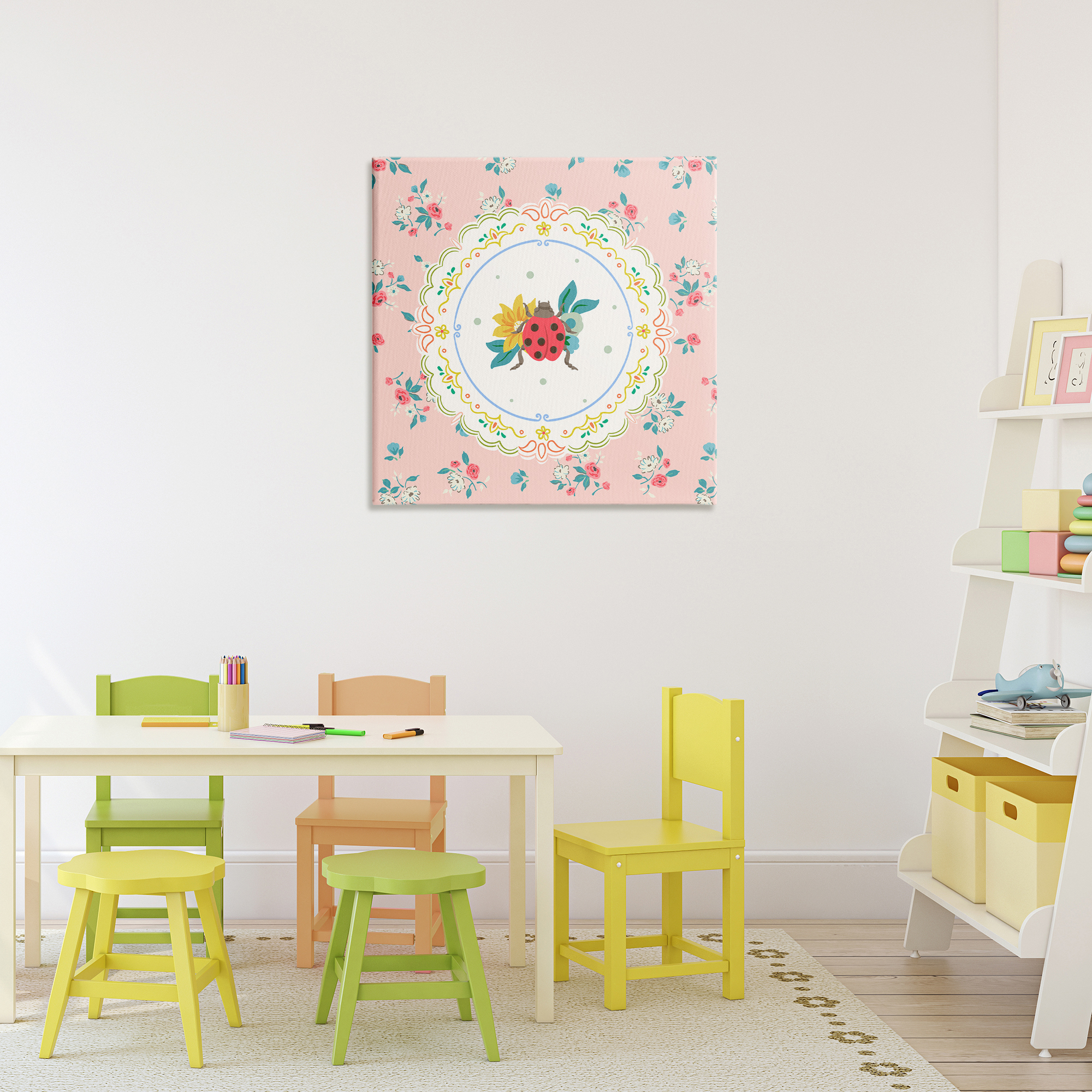 Spring Lady Bug Lace Pattern Canvas Wall Art, design by Angela Steahling