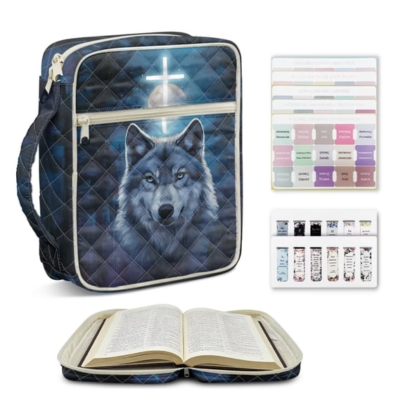 Tutolipy Wolf Cross Printed Bible Cover Case with Handle for Women Portable Bible Carrying Case with Bookmarks Organized Bible Case Church Bag for Christian, Blue